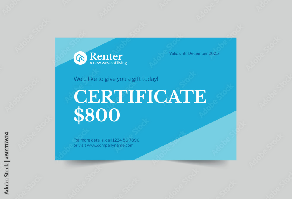 Vacation Rental gift certificate template. A clean, modern, and high-quality design gift certificate vector design. Editable and customize template gift certificate