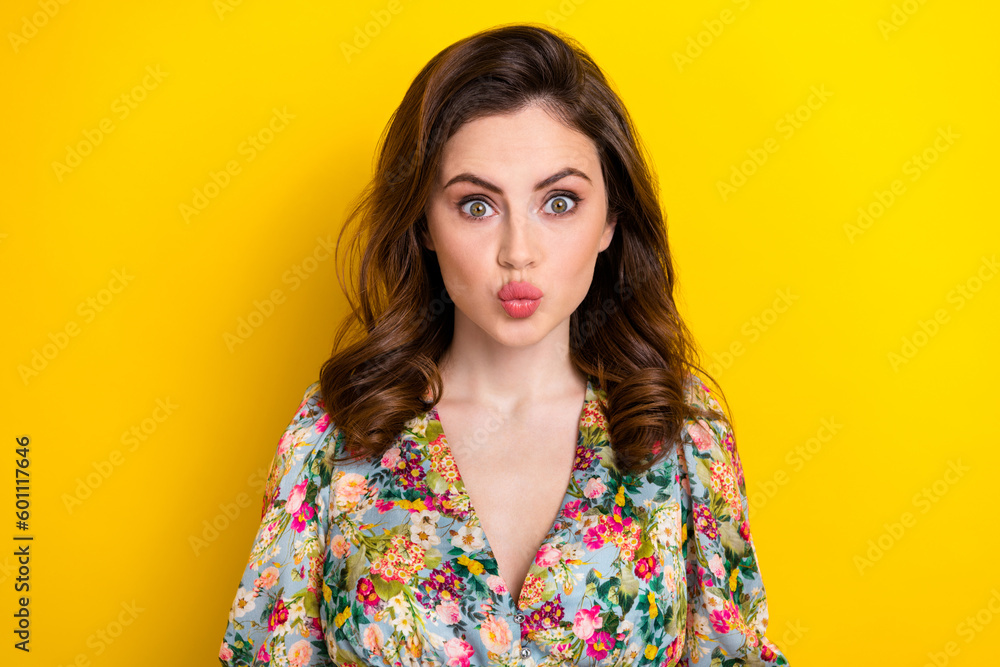 Portrait of gorgeous nice lady pouted plump lips kiss isolated on bright yellow color background Portrait of gorgeous nice lady pouted plump lips kiss isolated on bright yellow color background