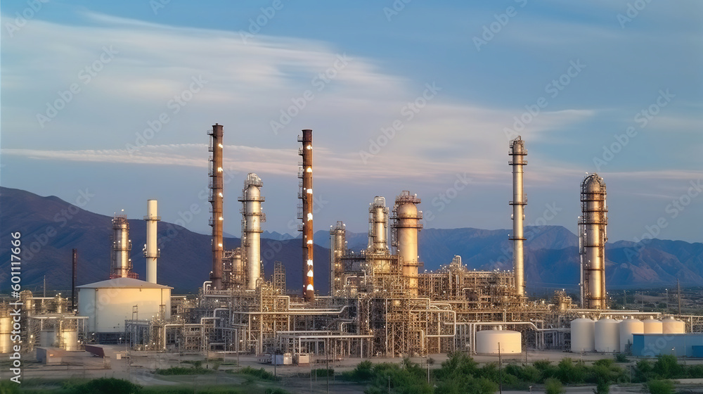 Oil refinery with a background of mountains and sky.The factory is located in the middle of nature and no emissions, Generative AI Oil refinery with a background of mountains and sky.The factory is located in the middle of nature and no emissions, Generative AI