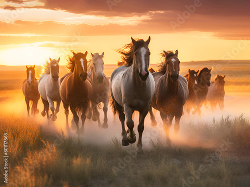 herd of beautiful horses runs at sunset © Nadezda Ledyaeva