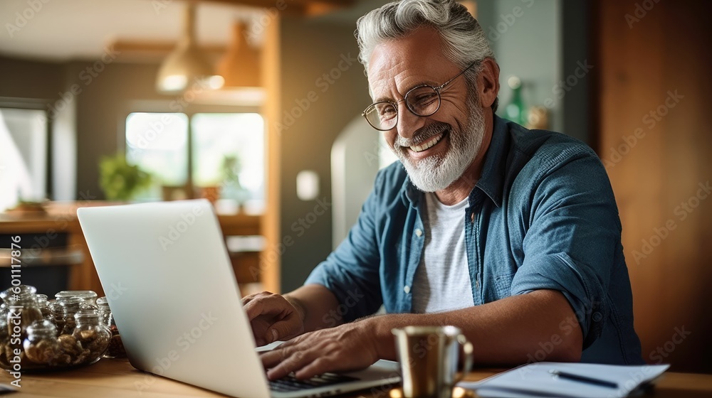 Mature man with beard budgeting at laptop Mature man with beard budgeting at laptop