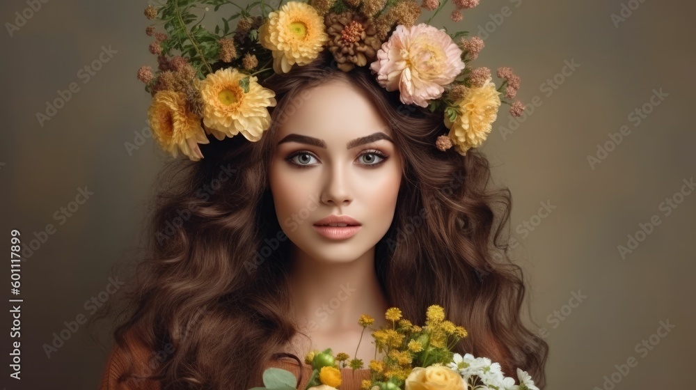 Portrait of a young beautiful woman with flowers