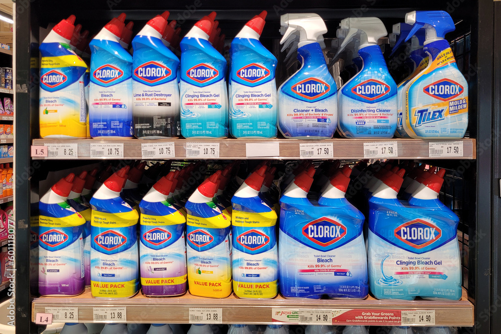PENANG, MALAYSIA 3 MAY 2023 Clorox Bleach bottles are neatly