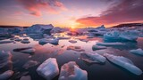 Melting ice bergs set against a rising sun - Generative AI