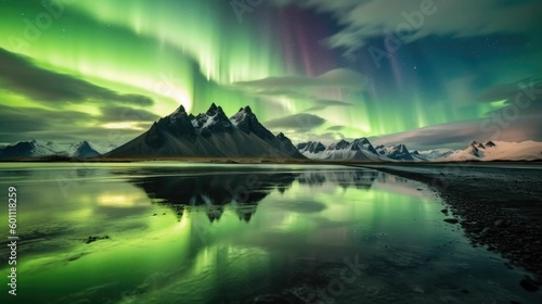 Aurora borealis (northern lights) over Stokksnes mountain