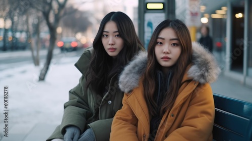 Two asian girls dressed in winter clothes sitting at a bus stop