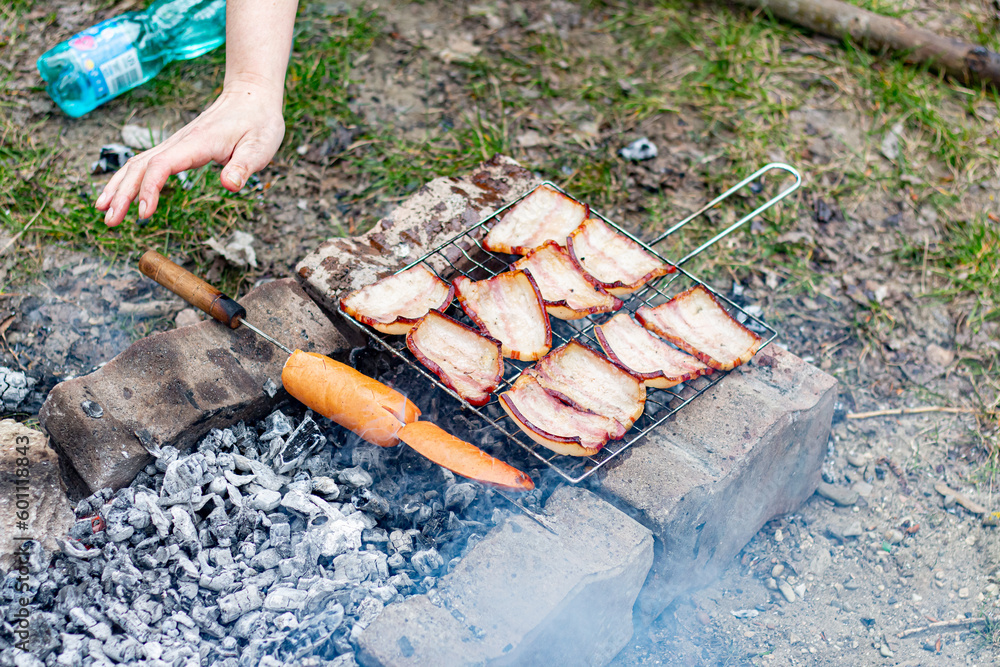Obraz premium Barbecue in the forest of sausages and bacon.