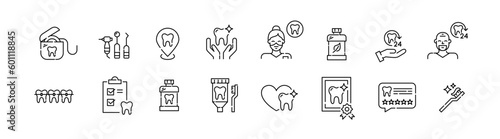 Set of dental health related icons. Dentistry, orthodontic treatment and daily care. Pixel perfect, editable stroke set