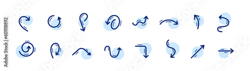 Set of different arrows. Straight and curvy. User interface icons. Pixel perfect, editable stroke set