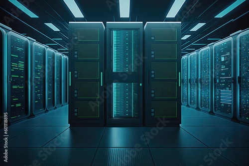 Working Data Center Full of Rack Servers and Supercomputers, Modern Telecommunications, Artificial Intelligence, Supercomputer Technology, generative AI