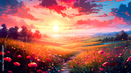 Illustration of a flower meadow in spring with sunset, Generative AI