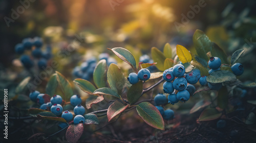 Natures Bounty, Lush Blueberry Bushes in a Beautifully Illuminated Forest Setting. Generative AI