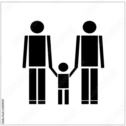 Pictogram of a gay family with one child, all holding hands.