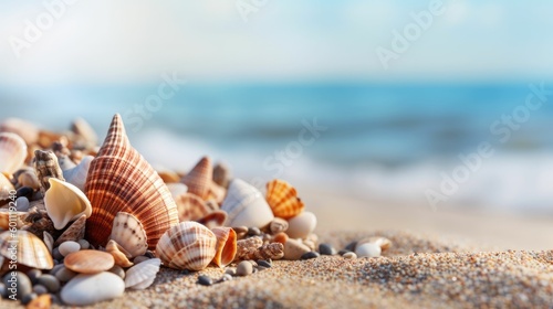 Beach holiday background with seashells on seashore