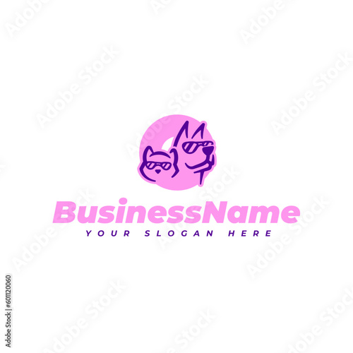 Pet vector logo. Cat and dog with glasses illustration. Animal pet care, health, veterinary, pet store, shop design
