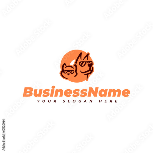 Pet vector logo. Cat and dog with glasses illustration. Animal pet care, health, veterinary, pet store, shop design