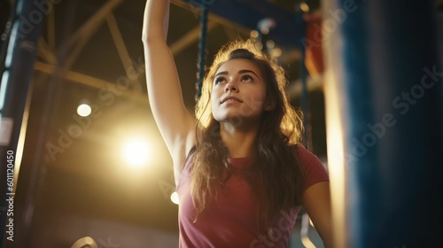 Young woman exercising at gymnastics rings in climbing center