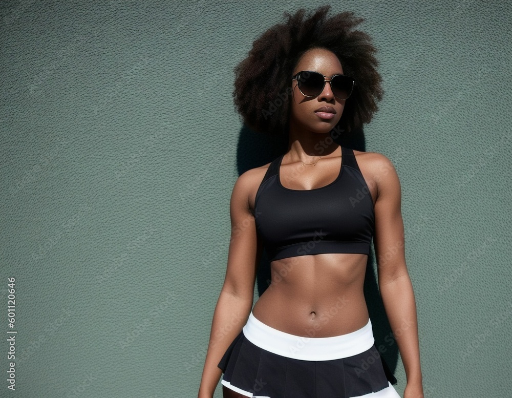 Obraz premium An athletic black woman with sunglasses and in sports attire on a tennis court on a sunny day, created with generative AI, created with generative AI