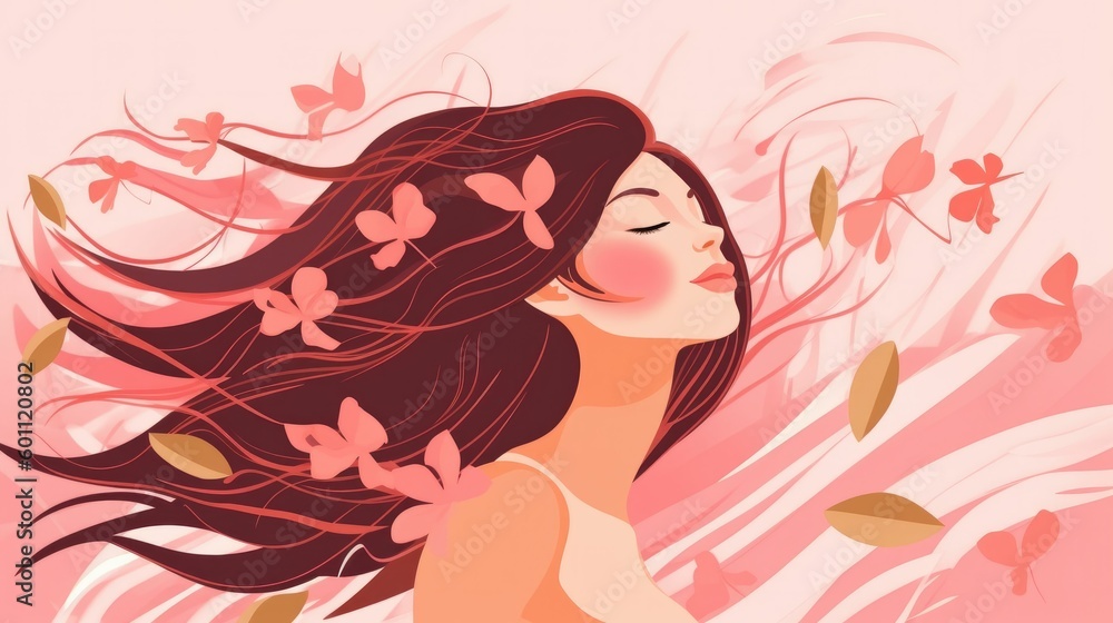 Girl with flowing hair in a pink summer breeze. Flower