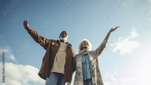 Elderly multiracial couple holding hands and soaring in the sky