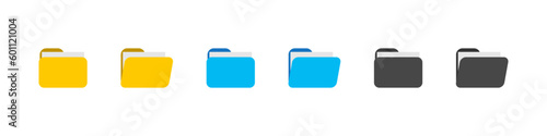Folder with documents. Open and close file. Archive yellow, blue and black flat icon. Vector isolated illustration for web and app design