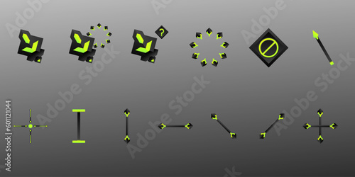 Abstract black and neon green custom mouse cursor navigation pointer icons for game ui design