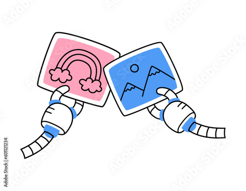 Hand drawn cute cartoon illustration of robot hands holding a picture. Flat vector artificial intelligence generates image in doodle style. Ai creates digital painting sticker or concept. Isolated.