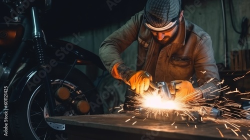 Young man repairing motorcycle after welding