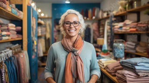 Happy female shop owner in blue scarf in clothing boutique