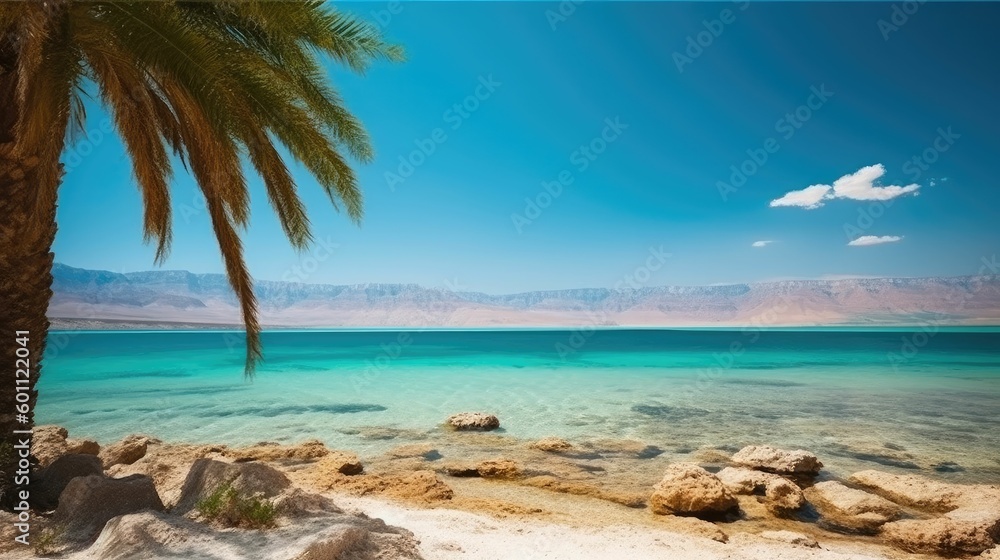Scenic view of Dead Sea shore with palm trees and mountains in the background