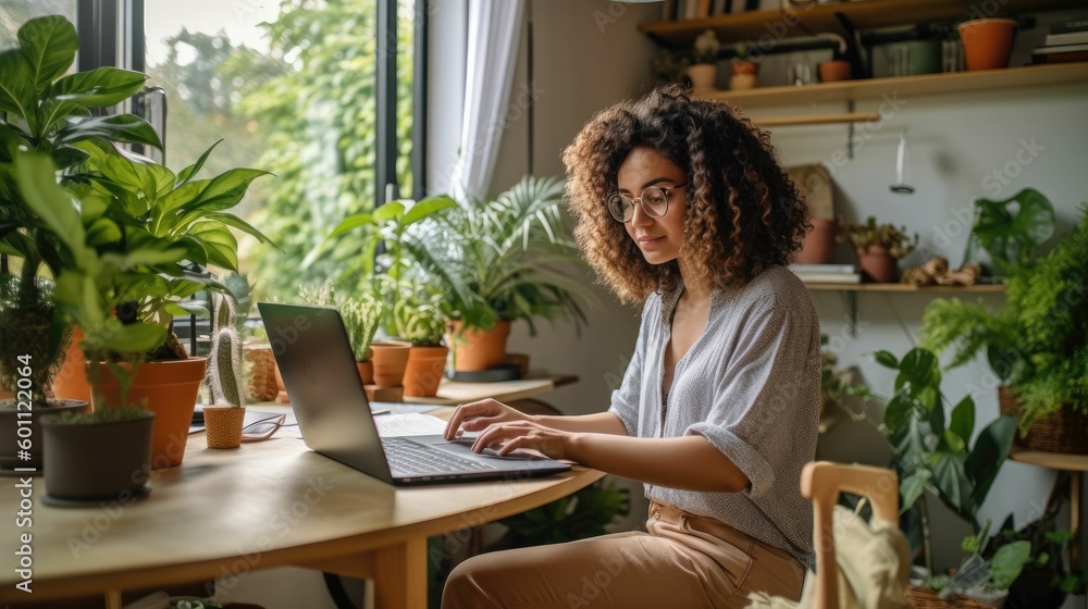 Woman working from home at laptop
