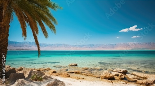Scenic view of Dead Sea shore with palm trees and mountains in the background © Oliver