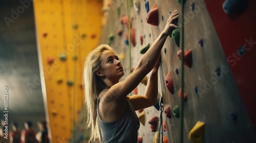 Young female rock climber on climbing wall in gym