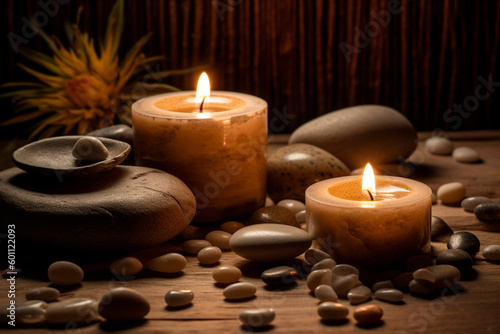 Candles and stones in spa created with AI technologies