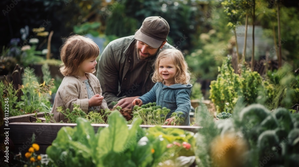 Fototapeta premium Happy family in the backyard garden