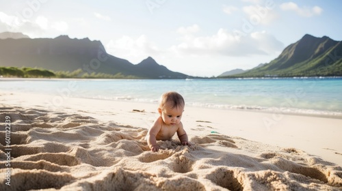 Baby crawling in the sand at Waimanalo beach photo