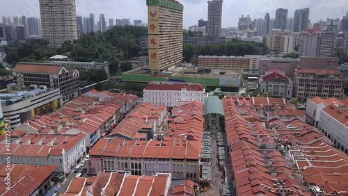 Aerial drone establishing shot of shop houses in China town - Singapore 2022 photo