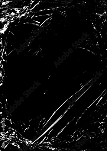 Polyethylene texture. Grunge effect. Transparent stretched cling film. Overlay shabby texture. Black and white vector background. Crumpled warp plastic. Defect, scuff frame template