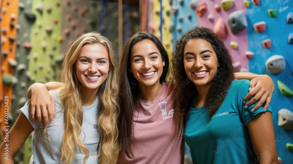 Portrait of happy female rock climbers at climbing center