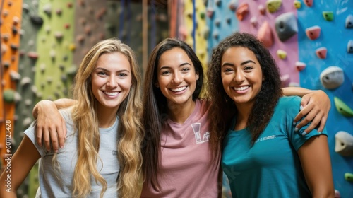 Portrait of happy female rock climbers at climbing center