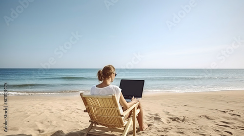 Female freelance programmer in chaise-longue lounge working coding surfing on notebook computer. Perks of distance work concept. Generative AI