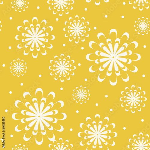 white abstract flowers with white polka dots on yellow ground, seamless pattern, background