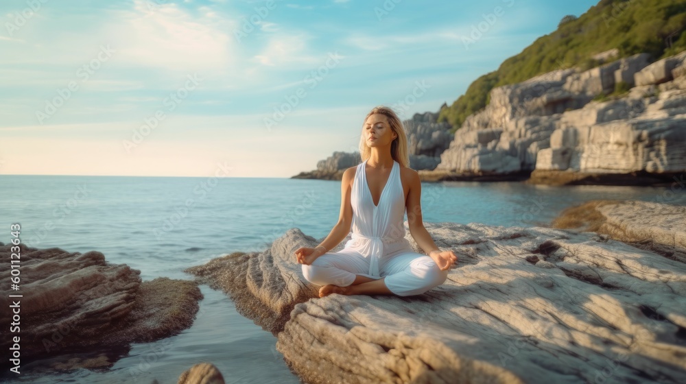 Young Woman Meditating on Rocky Seashore Young Woman Meditating on Rocky Seashore