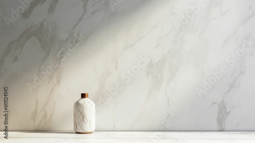 Marble table with white stucco wall texture background
