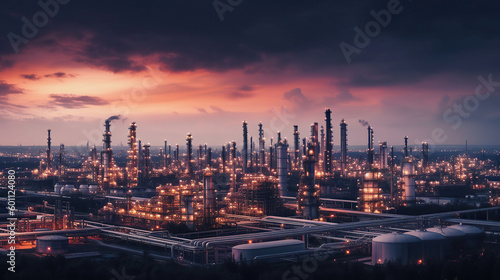 Petrochemical industrial plant power station at sunset and Twilight sky, Generative AI