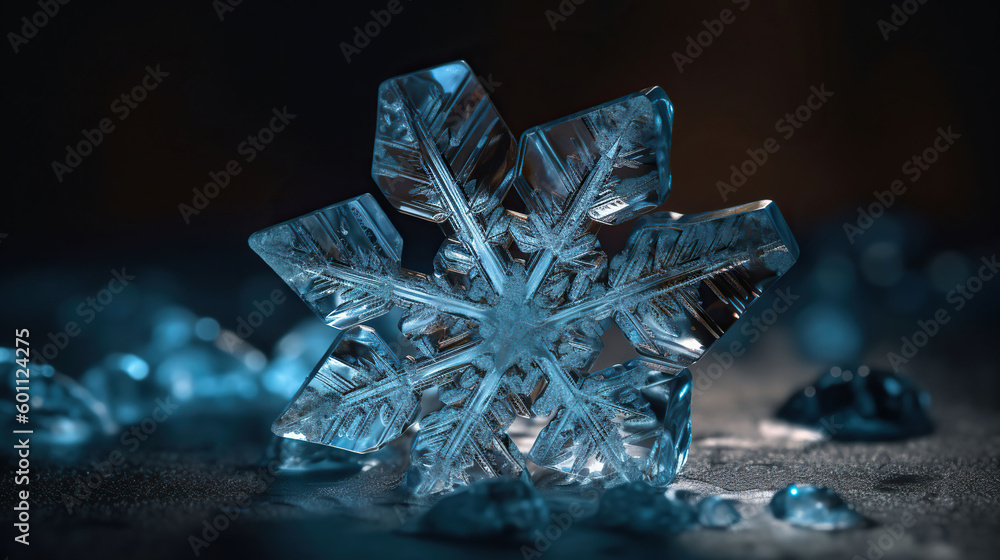 Obraz premium A snowflake crystal made of glass placed on a table, in the style of zeiss batis. Generative AI