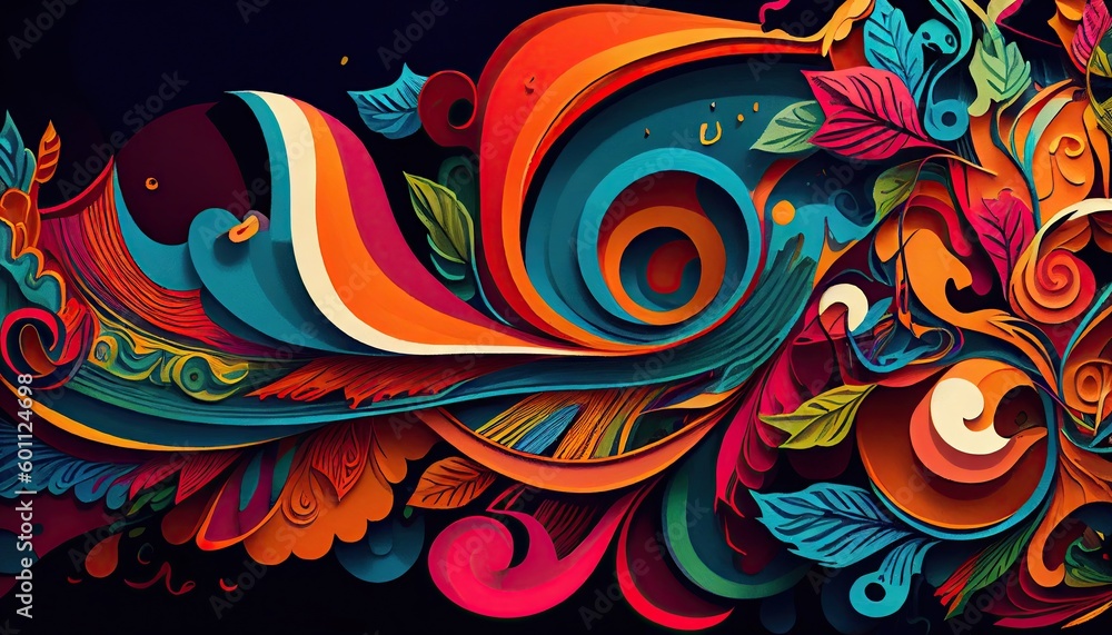 Prints of Warm colors The pantograph shapes floating in the swirling waves show a fantasy world like a push-painting. Illustration generated by AI in Abstract, Elegant and Modern