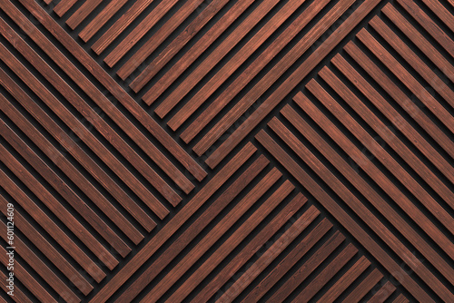 A wall of wooden slats in the color of dark wood with a pattern of wall panels in the background © buffalo