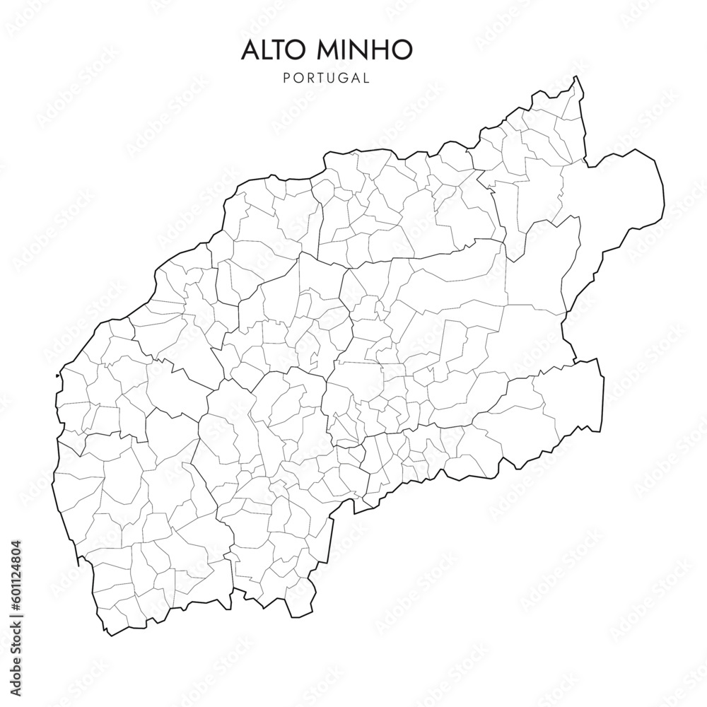 Vector Map of Alto Minho Subregion (Comunidade Intermunicipal) with administrative borders of District, Municipalities (Concelhos) and Civil Parishes (Freguesias) as of 2023 - Portugal