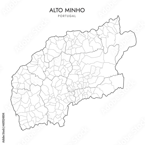 Vector Map of Alto Minho Subregion (Comunidade Intermunicipal) with administrative borders of District, Municipalities (Concelhos) and Civil Parishes (Freguesias) as of 2023 - Portugal